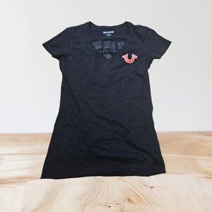 True Religion Black V-Neck Tee with Red Logo Patch